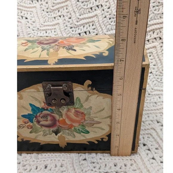 Vintage Hand Painted Floral Wooden Keepsake Chest Black Gold Jewelry Box 9.5in - Picture 9 of 11